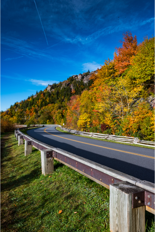 Blue Ridge Parkway in Fall with Blue Sky