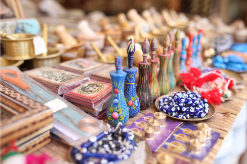 Items At A Christmas Bazaar On A Table